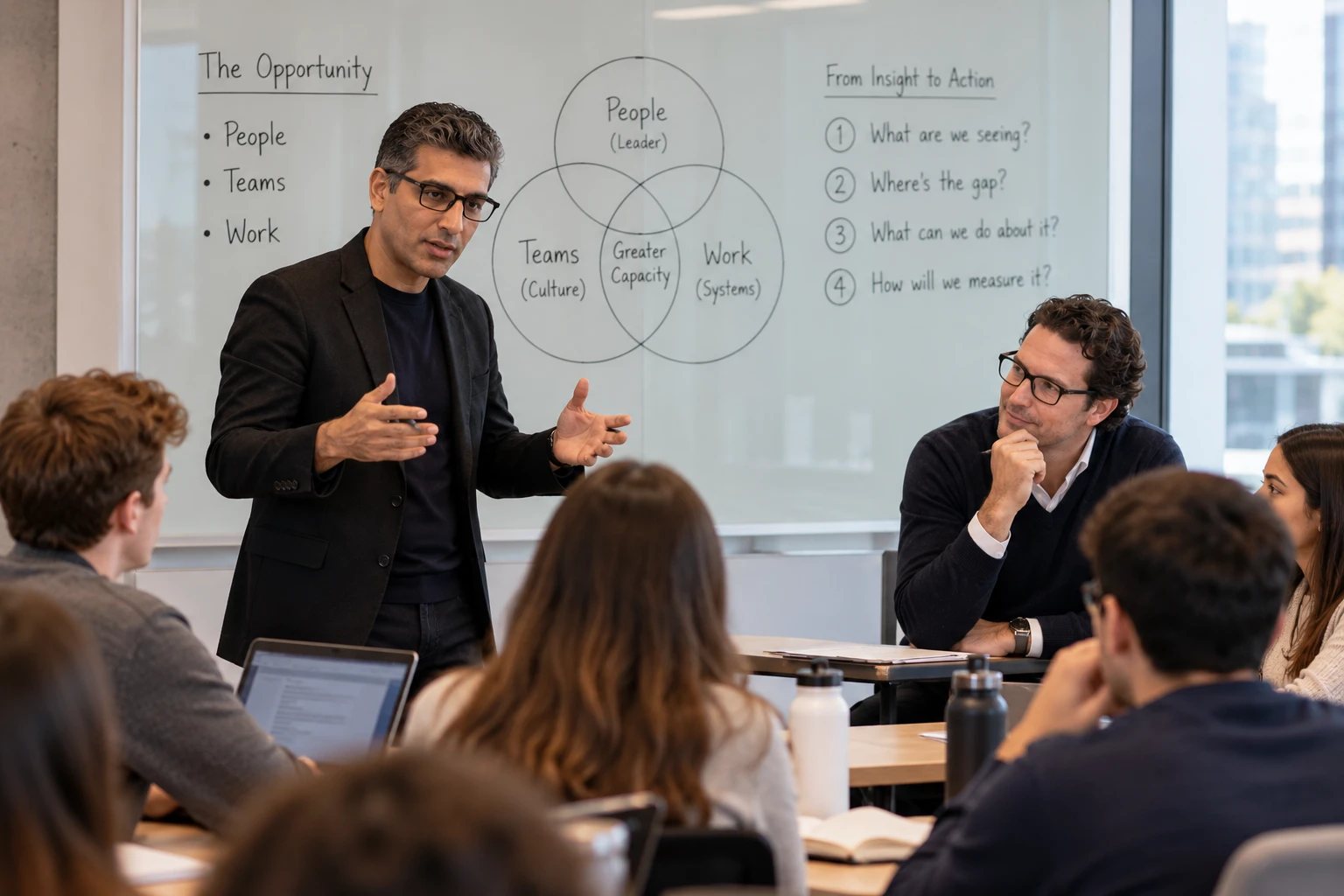 Nabeel leading a discussion with graduate students at Columbia while Robert listens