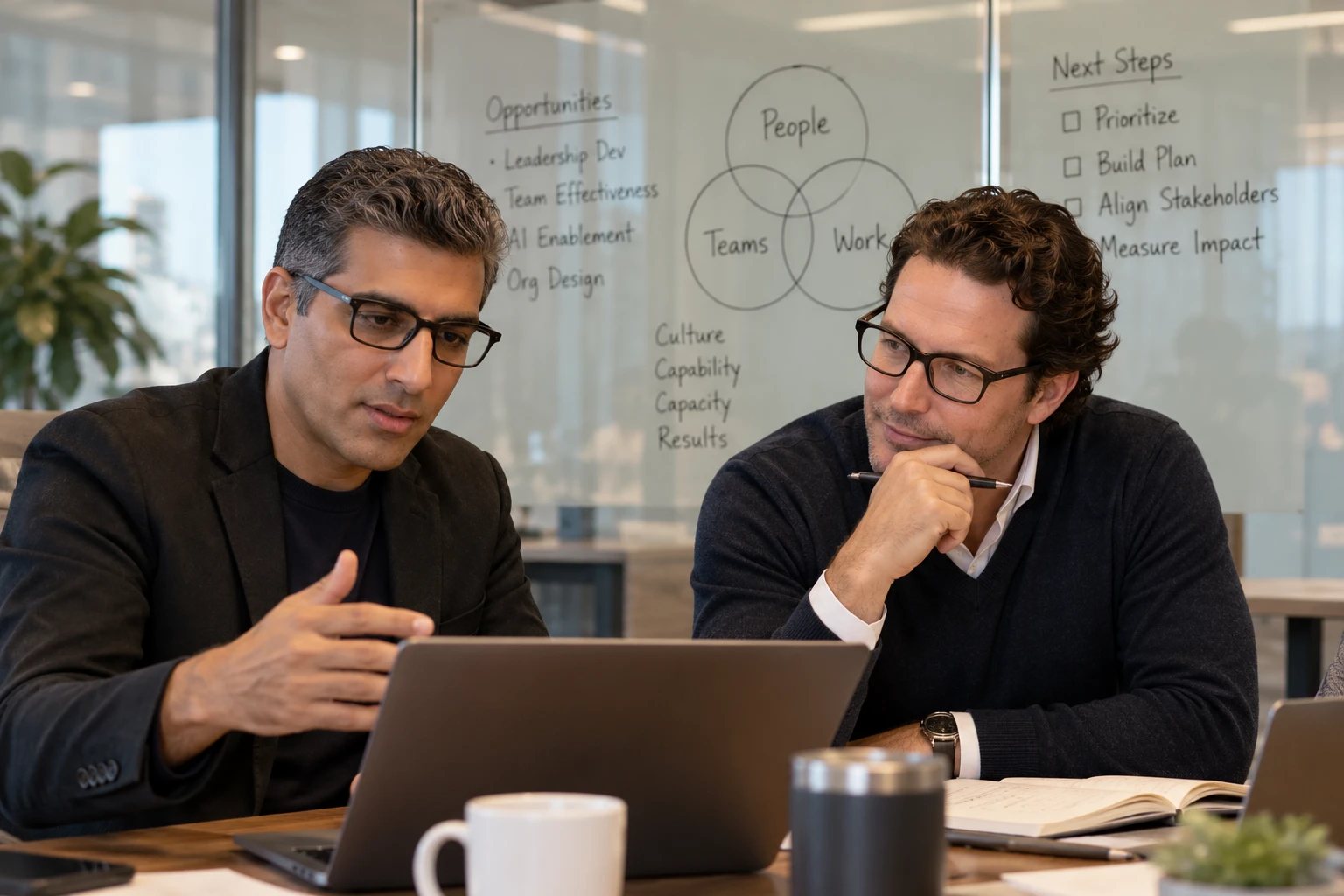 Nabeel and Robert talking through a team’s results at a laptop